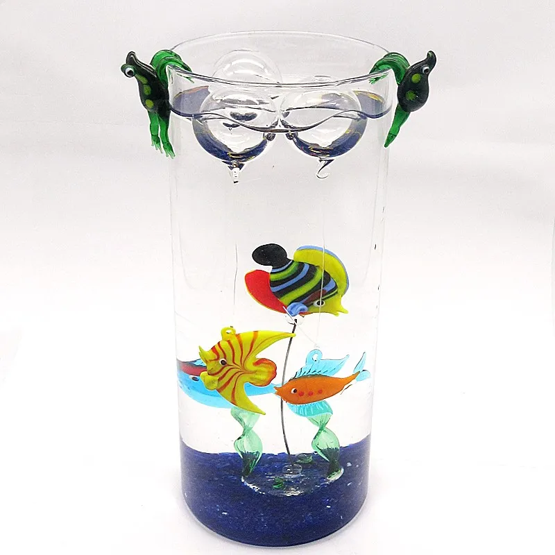 David Leppla Hand Blown Tall Glass Fish Vase With Sea Weed Bowl