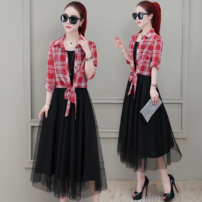 

2019 New Style Summer Korean-style When Elegant Set Plaid Shirt Mesh Dress Two-Piece Set WOMEN'S Dress
