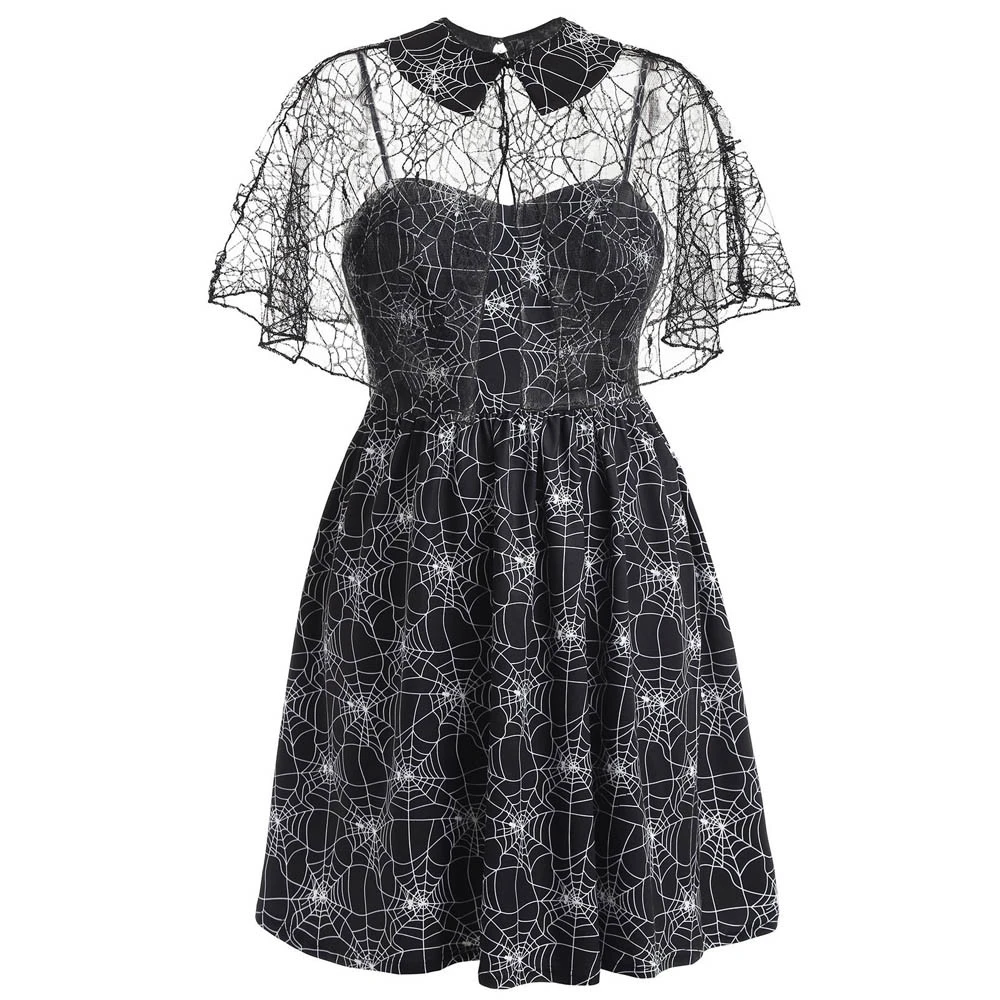Plus Size Halloween Dress Party Cobweb Print Yarn Sleeveless Dresses Female Suspender Autumn Dress Evening Winter Ladies 805