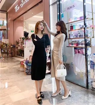 

Will fall on the new female han edition knitting dress long-sleeved joker in long render show thin sweater dress