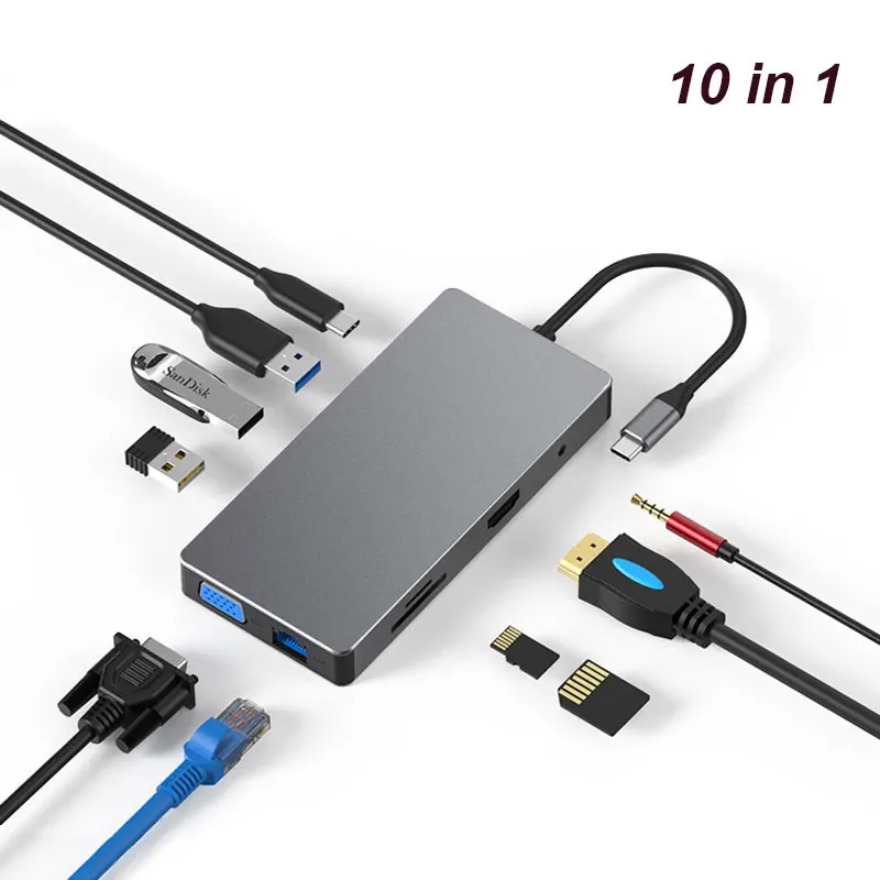 HUB010 Multi USB 3.0 HDMI 4K VGA 1080P RJ45 Adapter to Splitter 3 Port USB HUB USB-C Type C for MacBook USB hub 3.5mm Audio USB 3.1 - Цвет: HUB010