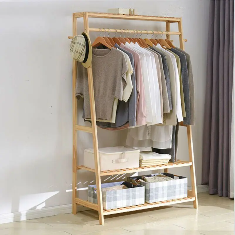 Bamboo Garment Coat Clothes Hanging Heavy Duty Rack with top shelf and 2-tier Shoe Clothing Storage Organizer Shelves — view 3