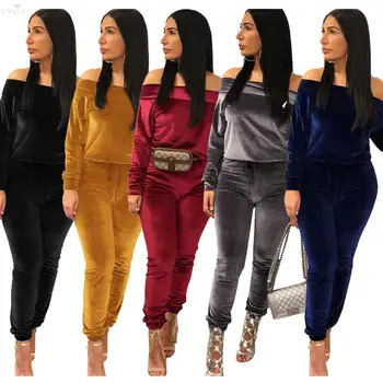 

Autumn Winter Women Set Solid Full Sleeve Tracksuits Slash Neck Velvet Two Piece Set Top And Pants Casual Night Club Outfits