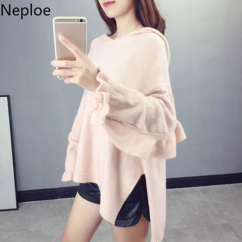 Neploe, корейский, толстый, Сумасшедший стиль, Pull Femme Hiver, элегантный, с оборками, с капюшоном, с бантом, свитер, однотонный, крест, осень, топы для пиллеров 45955