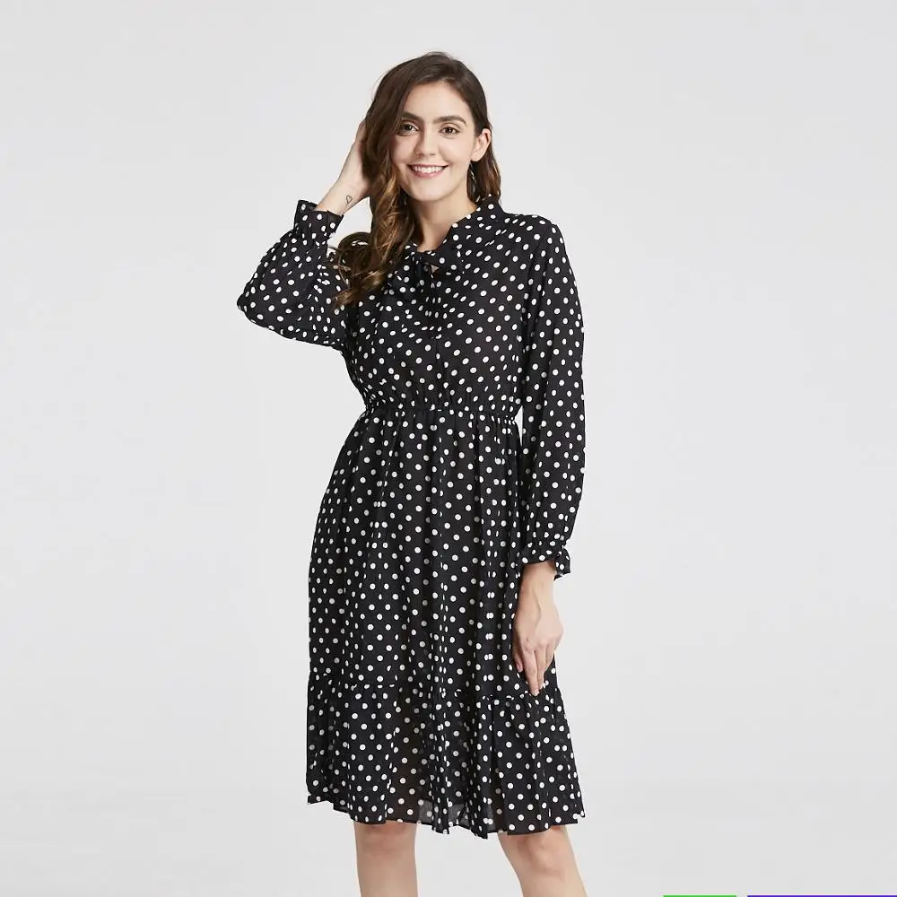 

2019 Spring Autumn Women's Chiffon Dresses Stand Neck With Bow Floral Print Ruffles Vestido Long Sleeve Elegant Cute Dress S-XL