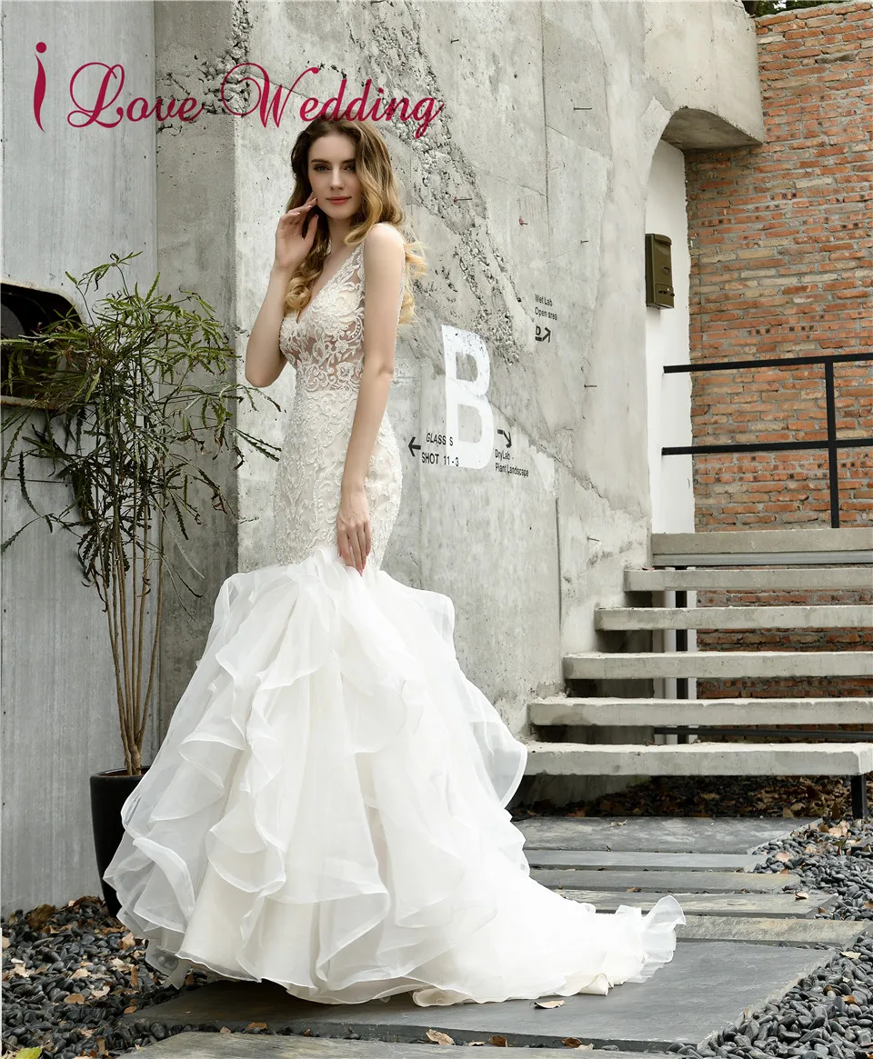 Vestidos de novia сексуальное свадебное платье русалки с v-образным вырезом и кружевной аппликацией и оборками, роскошное свадебное платье с v-образным вырезом на спине