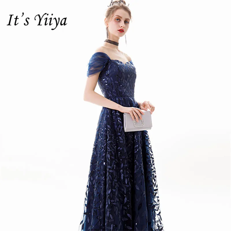 It's Yiiya Evening Dress Vintage Boat Neck Mermaid Robe De Mariee Off The Shoulder Floor-Length Women Party Dresses E820 - Color: navy blue