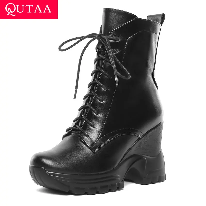 

QUTAA 2020 Lace Up Winter New Autumn Round Toe Ankle Boots PU+Leather Elegant Wedge High Heel Punk Women Shoes Size 34-42