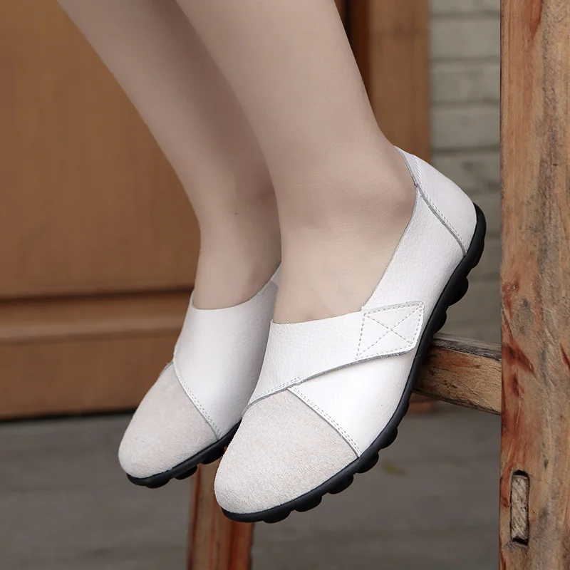 Woman's Flats Shoes woman Soft Genuine Leather Big Size 35-44 mocassin Boat Shoes for Women Hook Loop mocasines de mujer