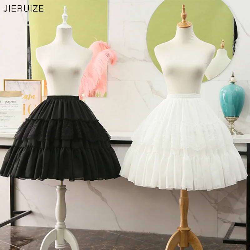 JIERUIZE Lolita Cosplay Petticoats White Black Chiffon Lace Short Ball Gown Crinoline Bridal Petticoats Underskirt