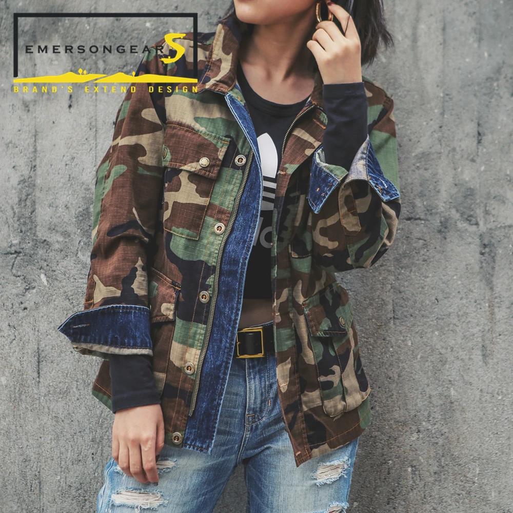 

Emersongear Vintage Ladies Girls Coat Smart Tactical Jacket BDU Style Woodland Denim Stitching Hiking Camping Casual EMS6871