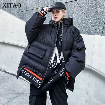 

XITAO Plus Size Letter Print Pocket Parkas Black Green Short Bread Service Thicken Loose Winter Women Clothes 2019 New GCC2585