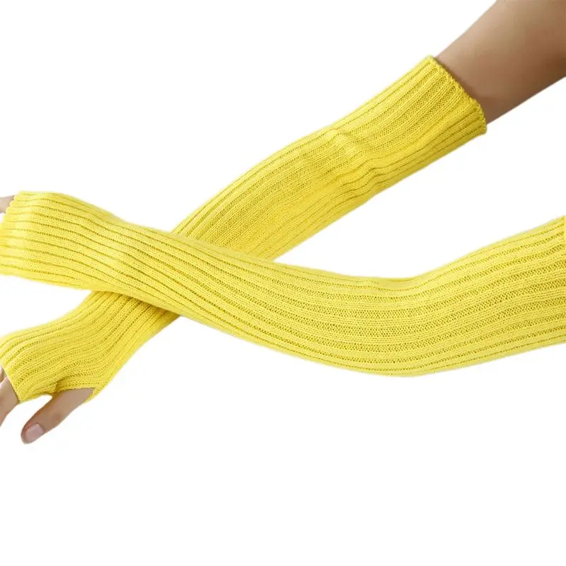 Женские неоновые яркие однотонные перчатки без пальцев ребристые вязаные крючком перчатки для танцев на коленях длинные рукавицы с отверстием для большого пальца - Цвет: Yellow