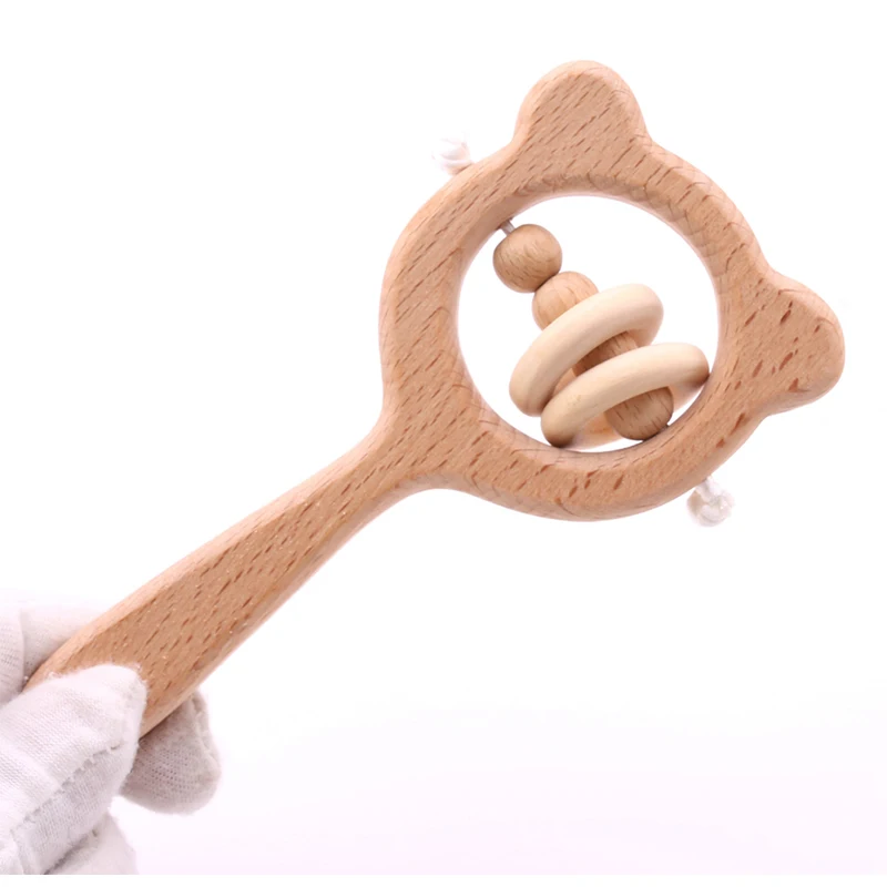 Baby Wooden Rattle Beech Bear Hand Teething Wooden Ring Baby Rattles Play Gym Montessori Stroller Toy Educational Toys for Kid