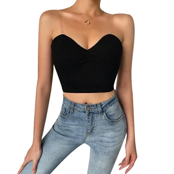 

Women's Camisole Basic Cami Tank Top Ribbed V Neck Clear Spaghetti Strap Slim Fit Tube Crop Top Solid Color /BY