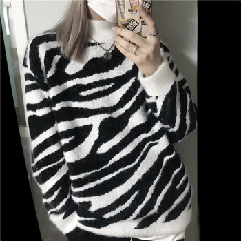 

Zebra Stripe Sweater Women Pullover 2020 Korean Fashion Autumn Winter Tops Long Sleeve Mohair Thick Plus Size Fluffy Sweaters