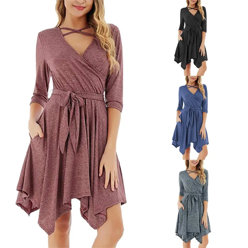 

Sexy Lace-up Big Swing Women's Autumn Winter Crisscross Dress V-Neck Three Quarter Sleeve Solid Dress Ladies Casual A-Line Dress