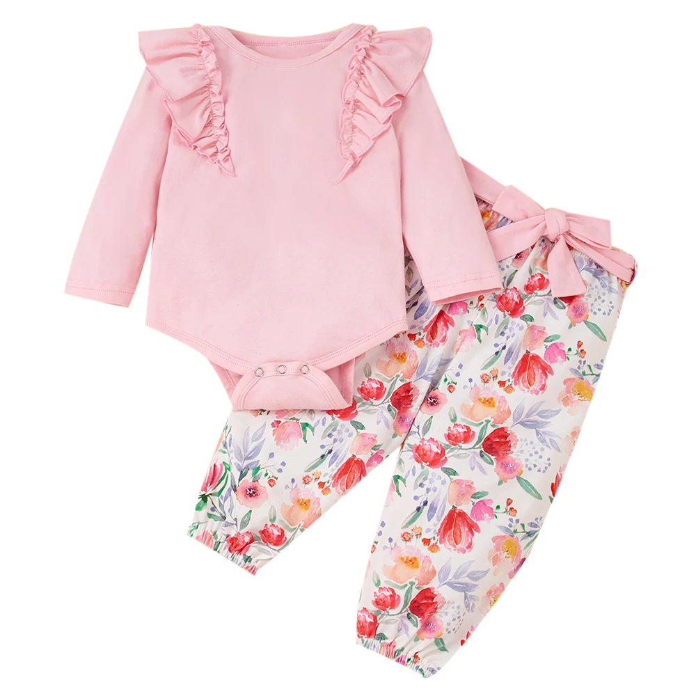

Baby Girl Clothes 2pcs Set Long Sleeve Solid Ruffle O Neck Romper Floral Printed Pants Toddler Clothes Baby Girl Outfit
