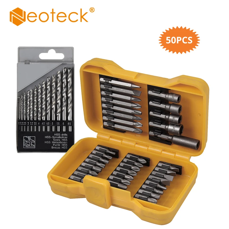 

Neoteck 50 Pcs Impact Bit Screwdriver and nutsetter Set,High Durability Tools With 50mm screwdriver head hex socket/1 extension