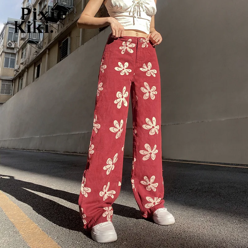 red floral jeans