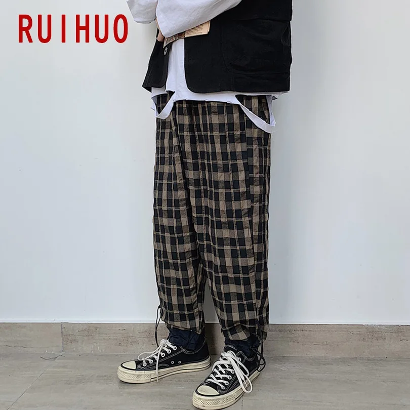 RUIHUO свободные штаны в клетку Для мужчин японский уличная гарем Штаны, мужские брюки джоггеры Для мужчин Штаны в стиле «хип-хоп» впитывает пот и Штаны 5XL ; сезон осень