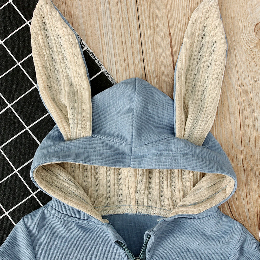 Милая Осенняя детская одежда для маленьких мальчиков и девочек: толстовка с кроличьими ушками на капюшоне на молнии спортивный костюм комбинезон Теплая одежда на возраст от 0 до 24 месяцев