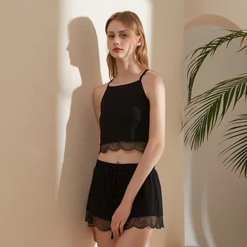 

Women's New Modal Thin Pajama Set Suspender shorts exposed navel pajamas Comfortable lace sleepwear Sexy home wear nightclothes