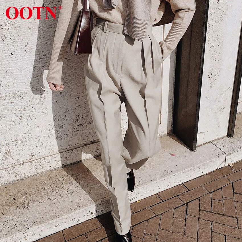 OOTN весенние элегантные женские офисные брюки с высокой талией, плиссированные повседневные свободные женские брюки длиной до щиколотки, женские OL цвета хаки