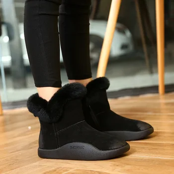 

2019 winter female snow boots suede rubber bottom cuff zipper round head flat bottom plus velvet black cotton boots