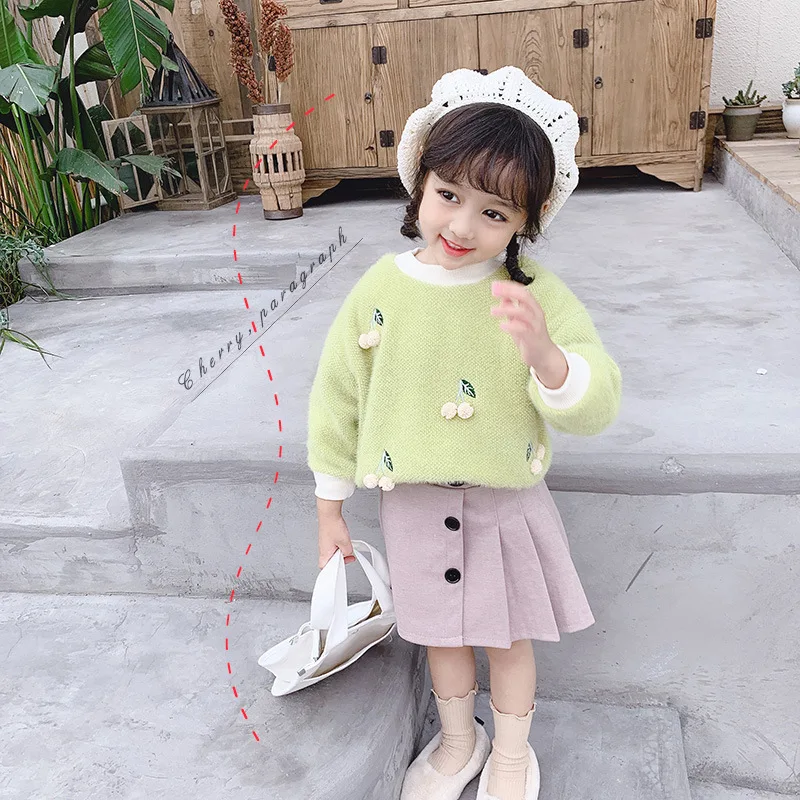 

Mink Cashmere Cherry Wool Sweater 2020 Winter Style New Style Korean-style Childrenswear Children Pullover Crew Neck Girls Thick