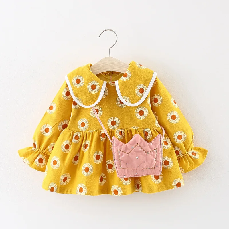 Платье с длинными рукавами для маленьких девочек, платье с принтом на день рождения для девочек от 0 до 2 лет, платья для новорожденных повседневная одежда для детей vestido infantil - Цвет: AF208Yellow