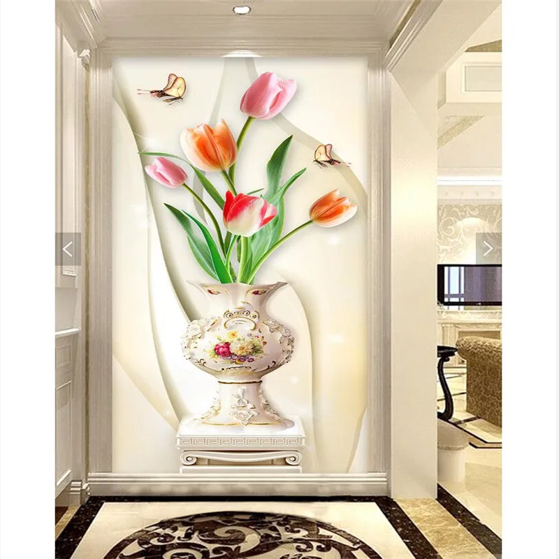 

Drop Shipping Custom Wallpaper 3d Art Backdrop Simple White Vase Coverage Modern Wall Painting For Living Wallpaper Red Tulips
