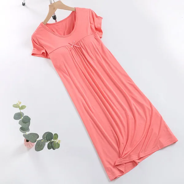 Night Dress Long Summer Nightgown Sleepwear Women Nightwear Lingerie Night Wear Short Sleeve Modal Sleeping Dress Fdfklak - Цвет: watermelon red