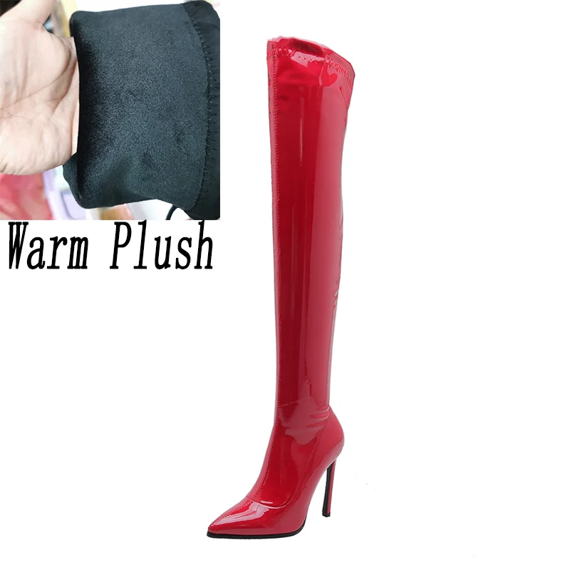 

2019 Women Over The Knee High Winter Snow Boots 11.5cm High Heels Thigh Fetish Warm Boots Lady Plush Stripper Red Stiletto Shoes