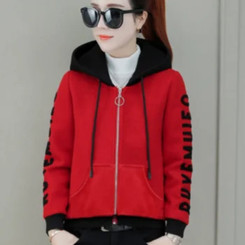 

Autumn Spring Women Korean Red Long Sleeve Hooded Jacket and Coat Elegant 2019 Fashion Harujuku Clothing