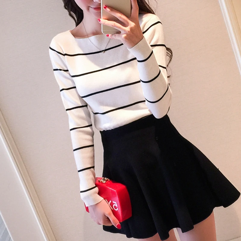 

joker cultivate morality, long sleeve head striped collar sweater word render unlined upper garment sweater female
