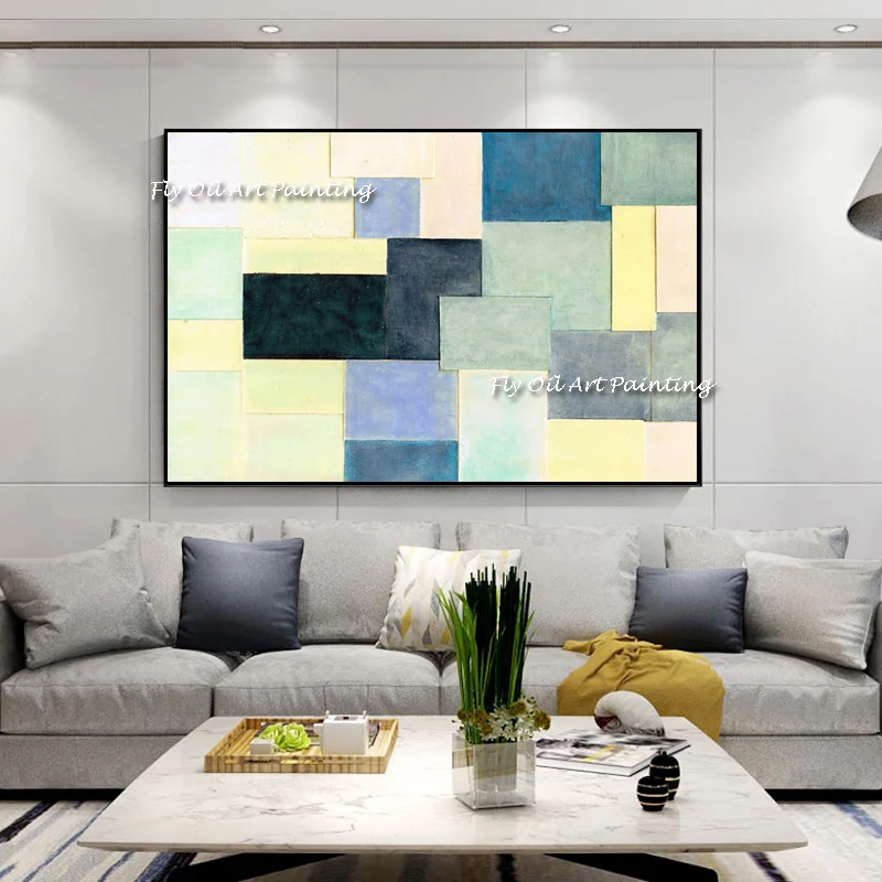 

Large Size Pictures 100% Handmade Abstract Geometry Oil Painting Landscape Blue Yelllow Canvas for Room Decoration As A Gift