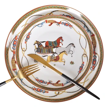 

Dinner Plates Luxury War Horse Bone China Dinnerware Set Royal Feast Porcelain Western Plate Dish Home Decoration Wedding Gifts