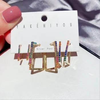 

Simple temperament color zircon micro-inlaid square mixed size earrings 6-piece set