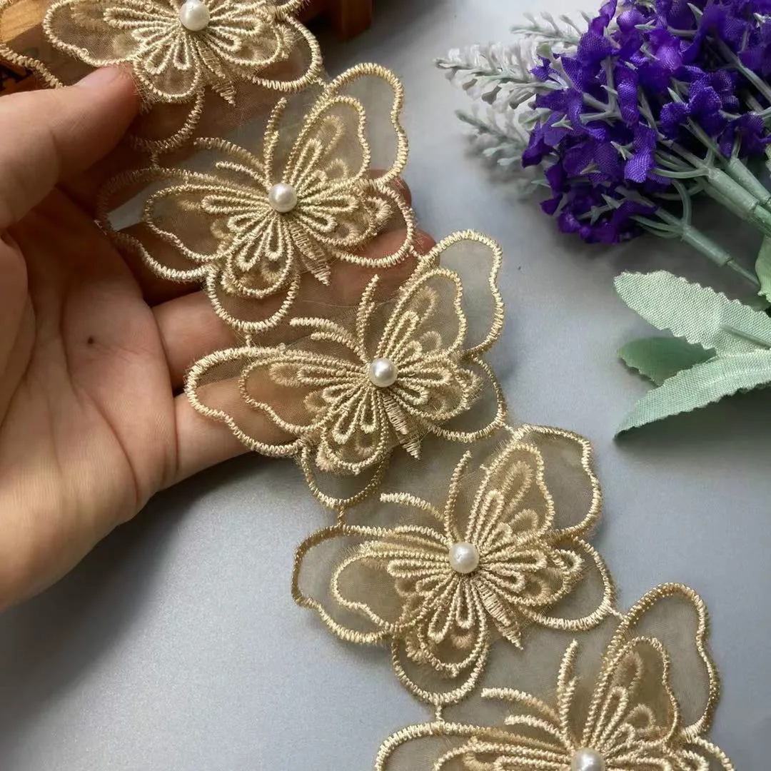 

1 Yard Gold Mesh Pearl Double Layer Bowknot Embroidered Lace Trim Ribbon Patches Applique Fabric Wedding Dress Sewing Supplies