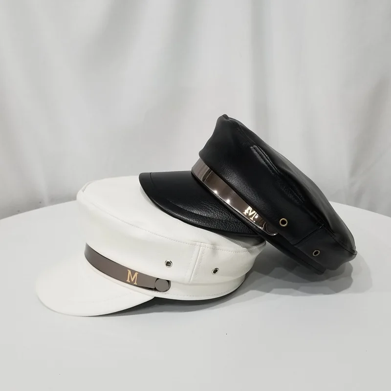 

Autumn and winter ladies leather octagonal hat black England flat top navy cap duck tongue beret hat handsome hat