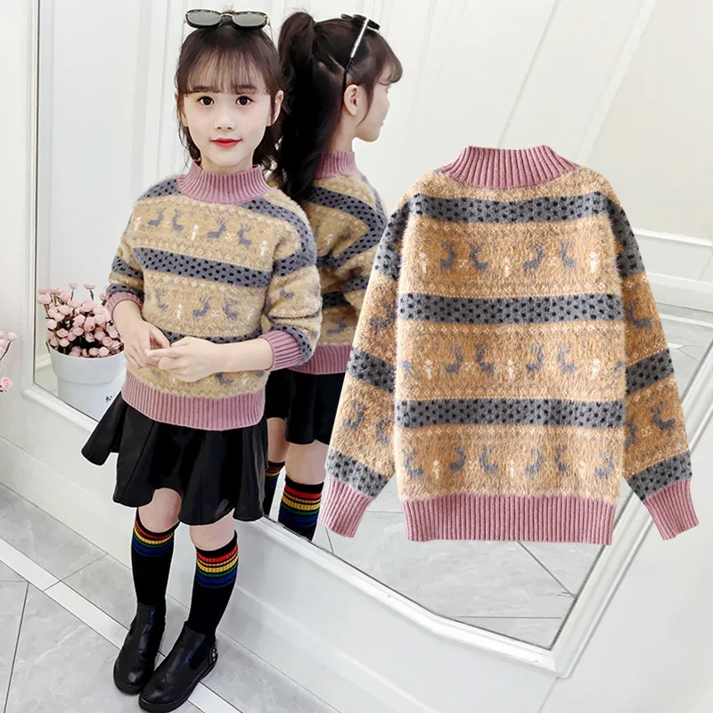 

New Winter Girls Sweaters Children Deer Pattern Fleece Pullover Grils Thicken Christmas Sweater Kids Clothes Cotton Sweater Coat