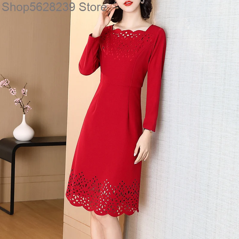 

Red Dress Female 2020 Long Sleeve He Ben Atmosphere Quality Fang Collar Hollow Out Slim Fit Socialite