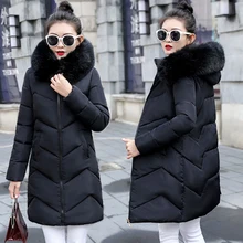 Большие размеры 6XL, Женское пальто, Осень-зима, с меховым воротником, с капюшоном, с хлопковой подкладкой, зимняя куртка, женская теплая длинная верхняя одежда, Базовая куртка