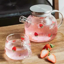 1L/1.8L Summer Big Transparent Borosilicate Glass Teapot Tea Pot Fruit TeaCups one set Kettle Office Drinkware glass Jug