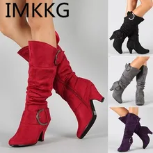 Большой размер 43; коллекция года; сапоги до колена; Женская Осенняя обувь из искусственной замши с пряжкой; модная женская обувь на шпильках; Лидер продаж; Сезон Зима; m441