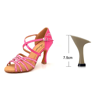 Ladingwu/розовые и красные туфли Wonan; атласные туфли для латинских танцев; туфли для сальсы с красным гранатом и стразами; туфли для бальных танцев на мягкой подошве - Цвет: Pink 7.5cm