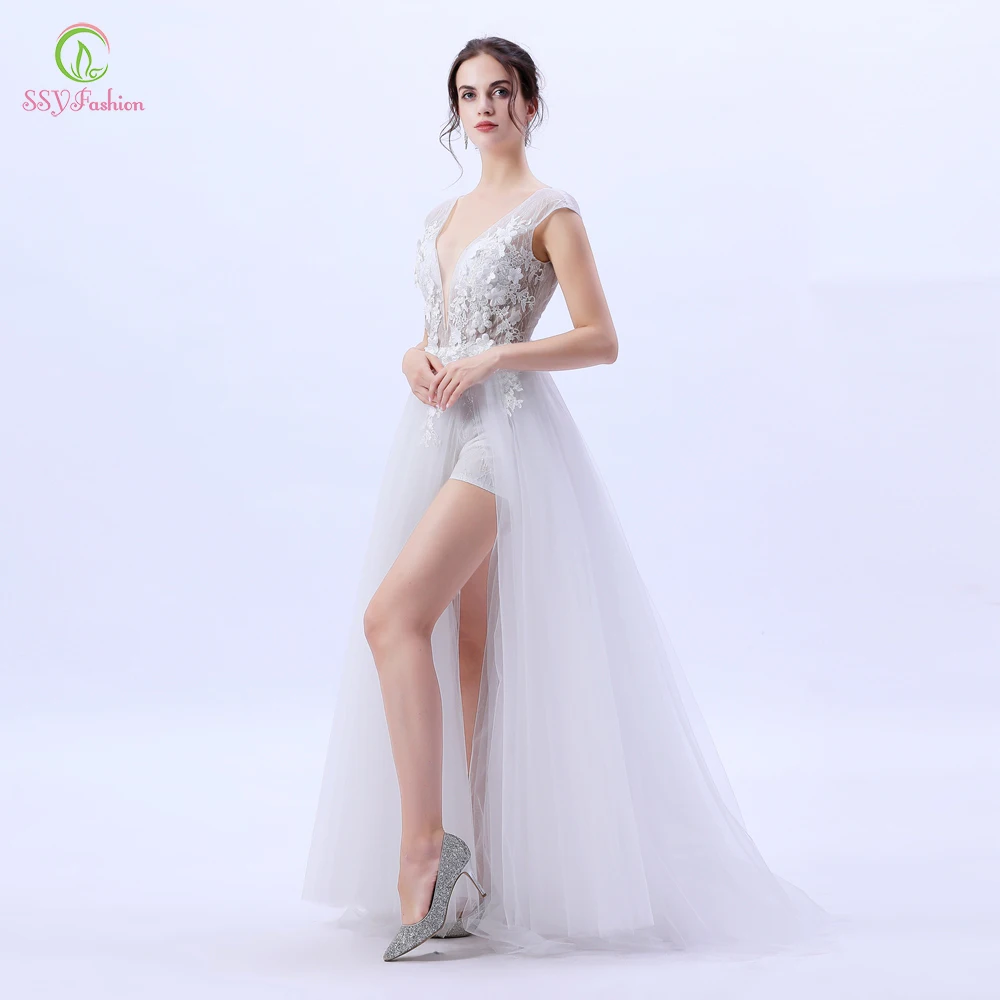 Женское вечернее платье с блестками SSYFashion белое кружевное V образным вырезом