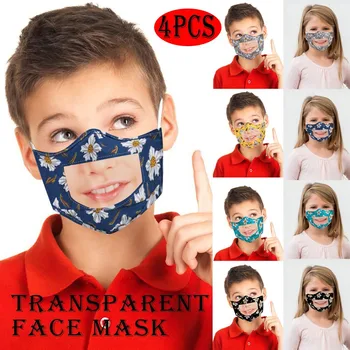 

4PCS Child Fashion Floral Print Masks Transparent Visible Lip Face Masks Reusable Mask Breathable Face Mask Mouth Caps Cloth Mo