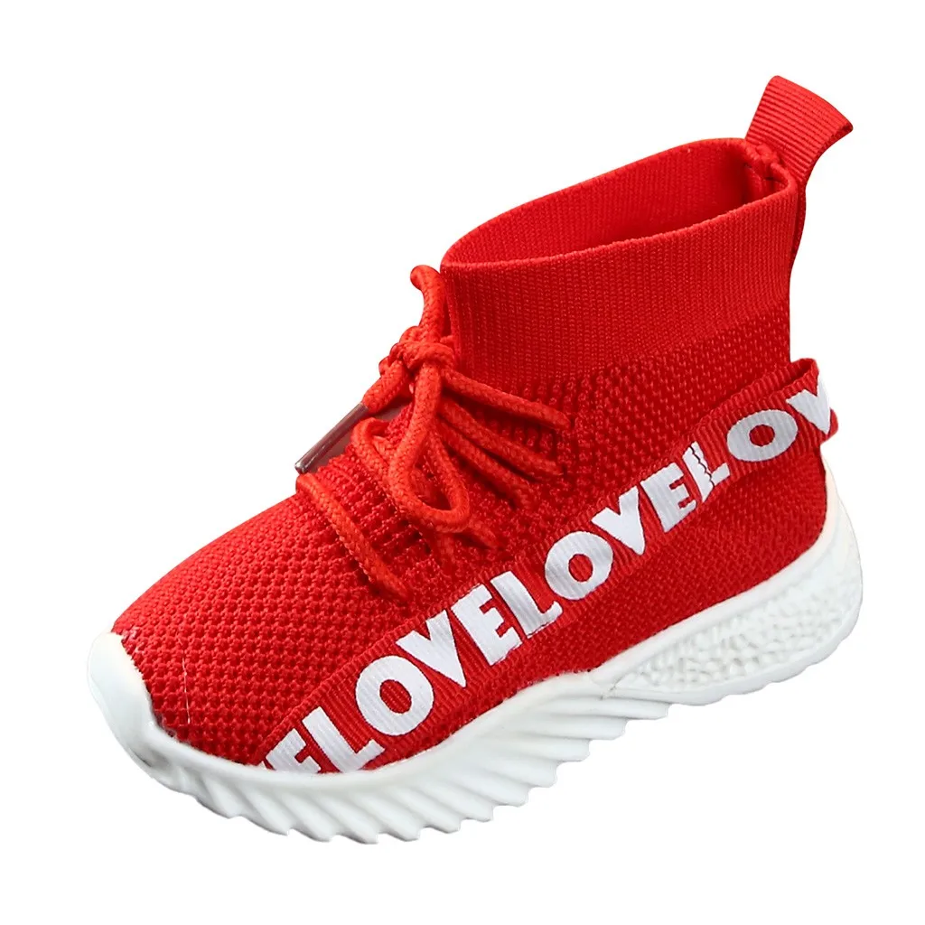 Детская обувь для девочек и мальчиков; черные эластичные кроссовки с буквенным принтом; спортивная обувь для бега; обувь для маленьких мальчиков; уличные ботинки для девочек; 19Aug - Цвет: Red